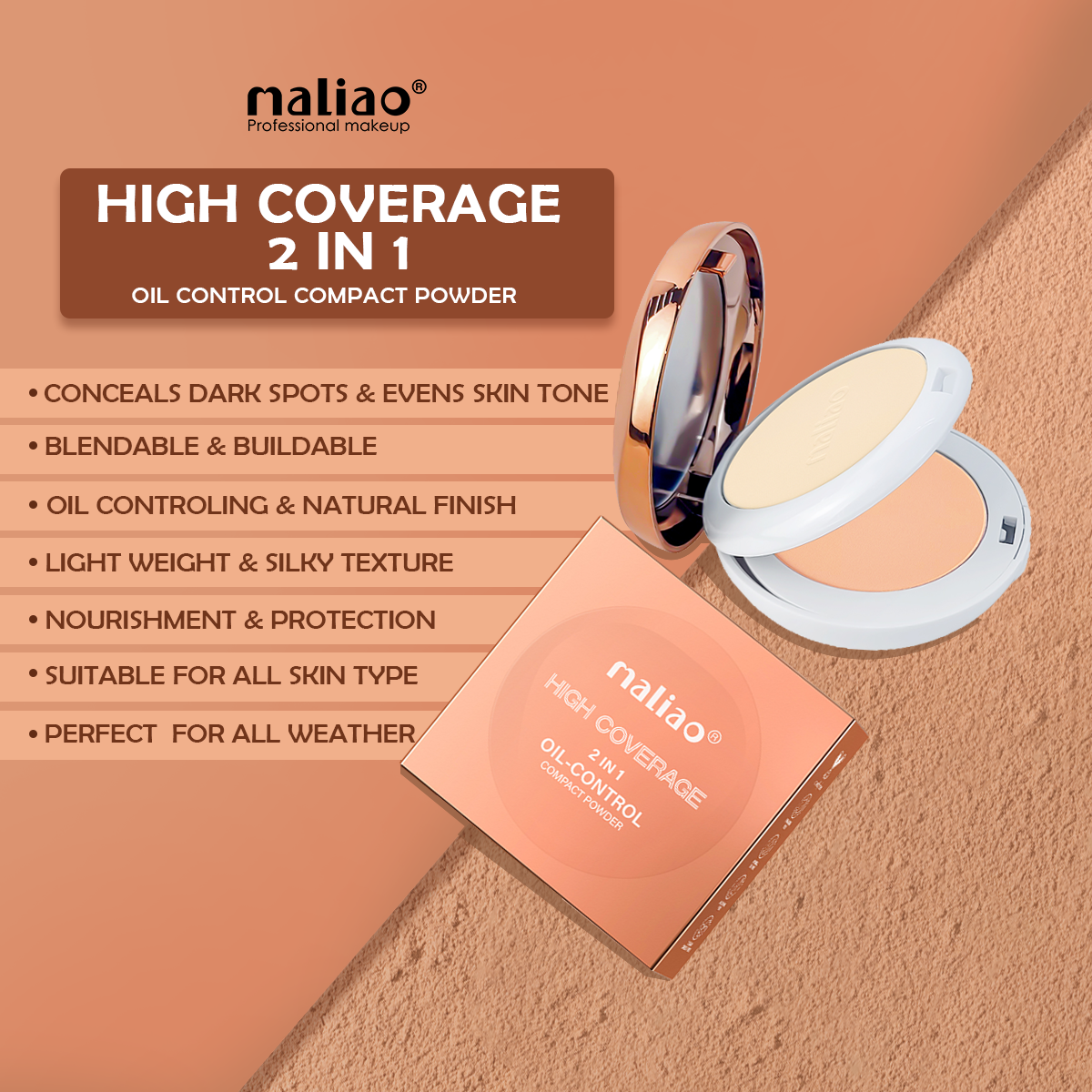 Maliao High Coverage 2-in-1 Oil-Control Compact Powder